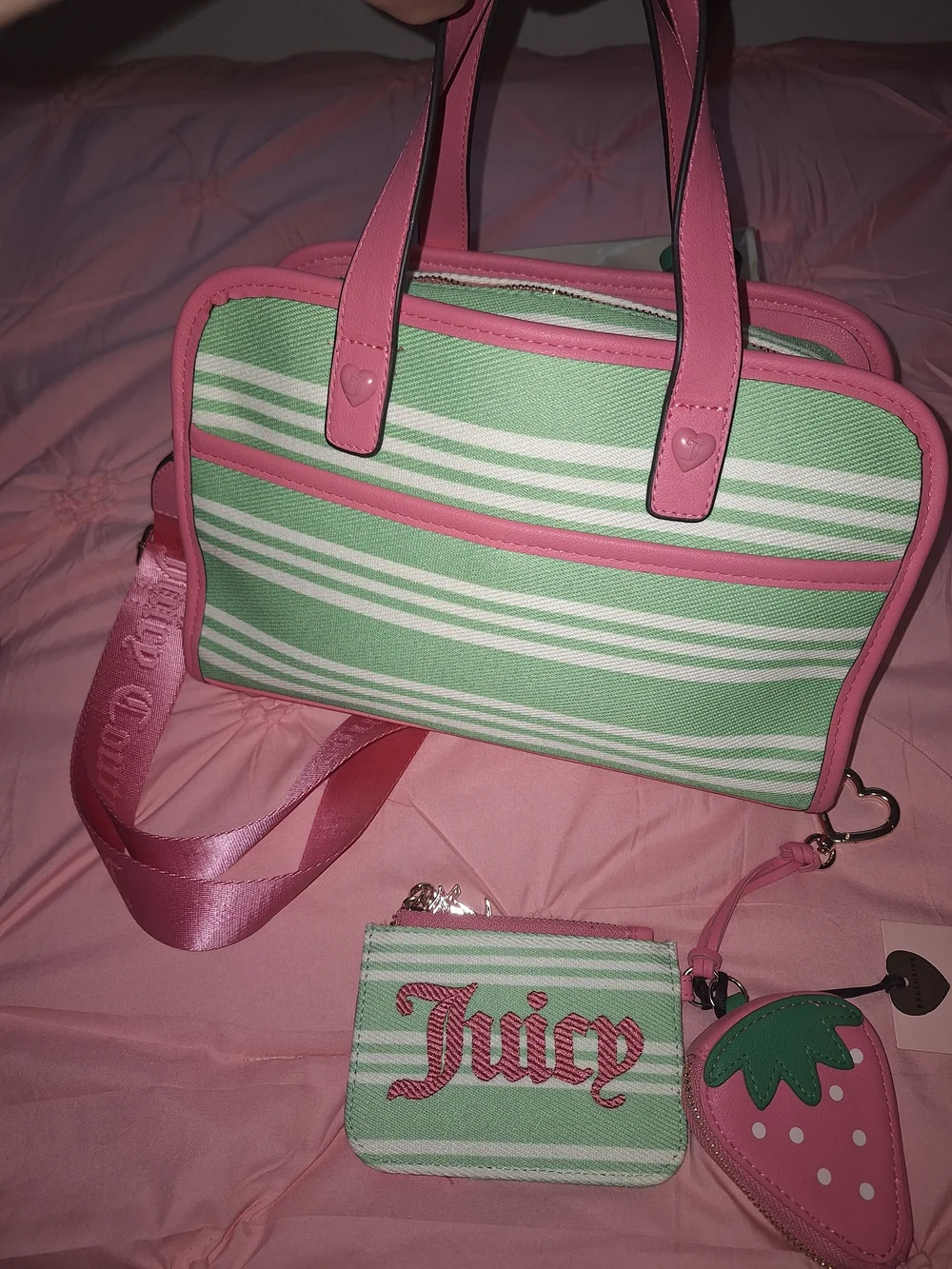 EXCLUSIVE Juicy Couture Pink & Mint Cherry-Strap Satchel Matching Wallet